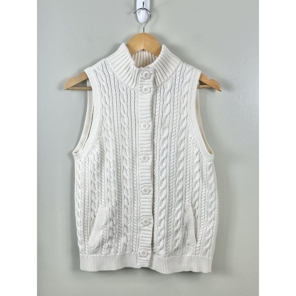 Talbots Cable Knit Sweater Vest Ivory Button‎ Front Pockets Women's Sz Mp Cotton